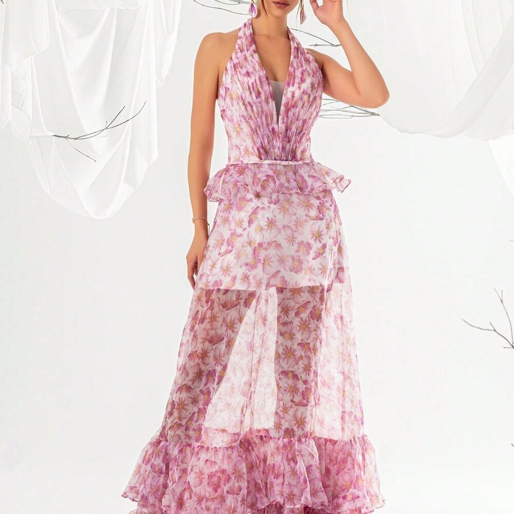 Pink Elegant Women's Floral Print Halter Neck Mesh Evening Gown Maxi Dress
